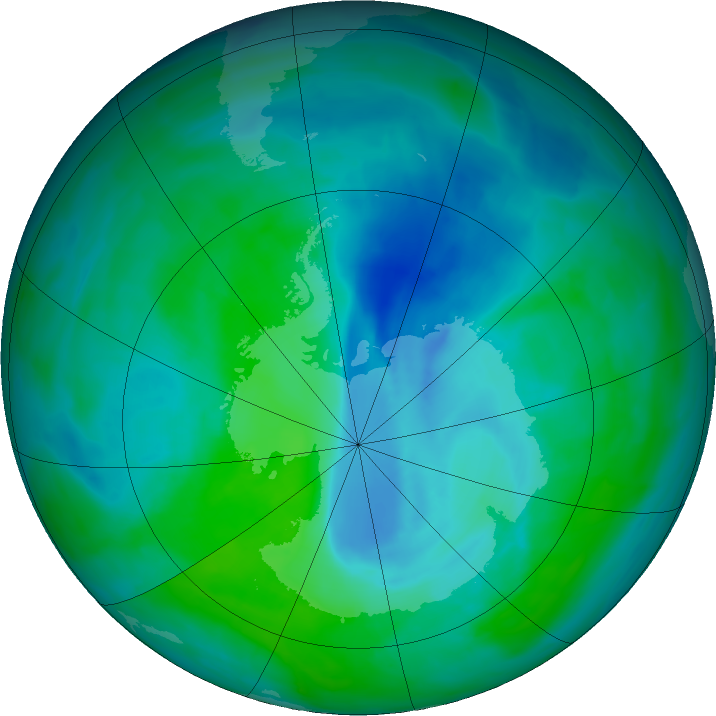 Antarctic ozone map for 20 December 2015